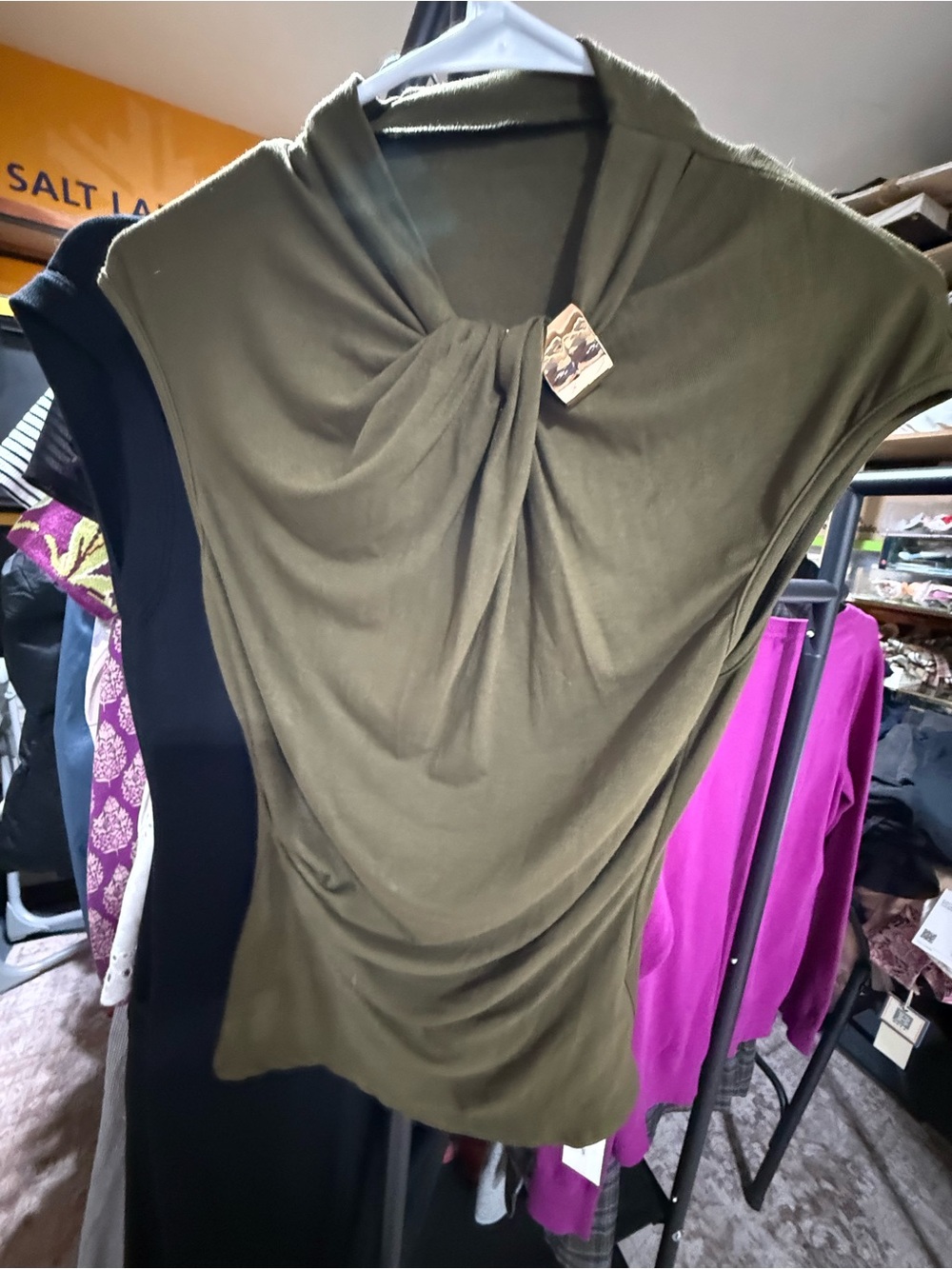 Commense Olive Green Draped Neck Sleeveless Tunic